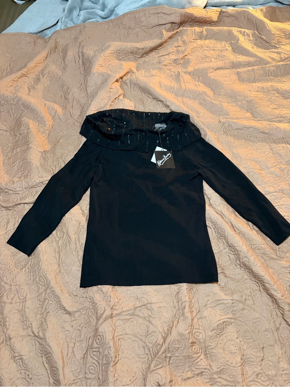 Katherine Barclay Black Sequin Off-The-Shoulder Knit Blouse